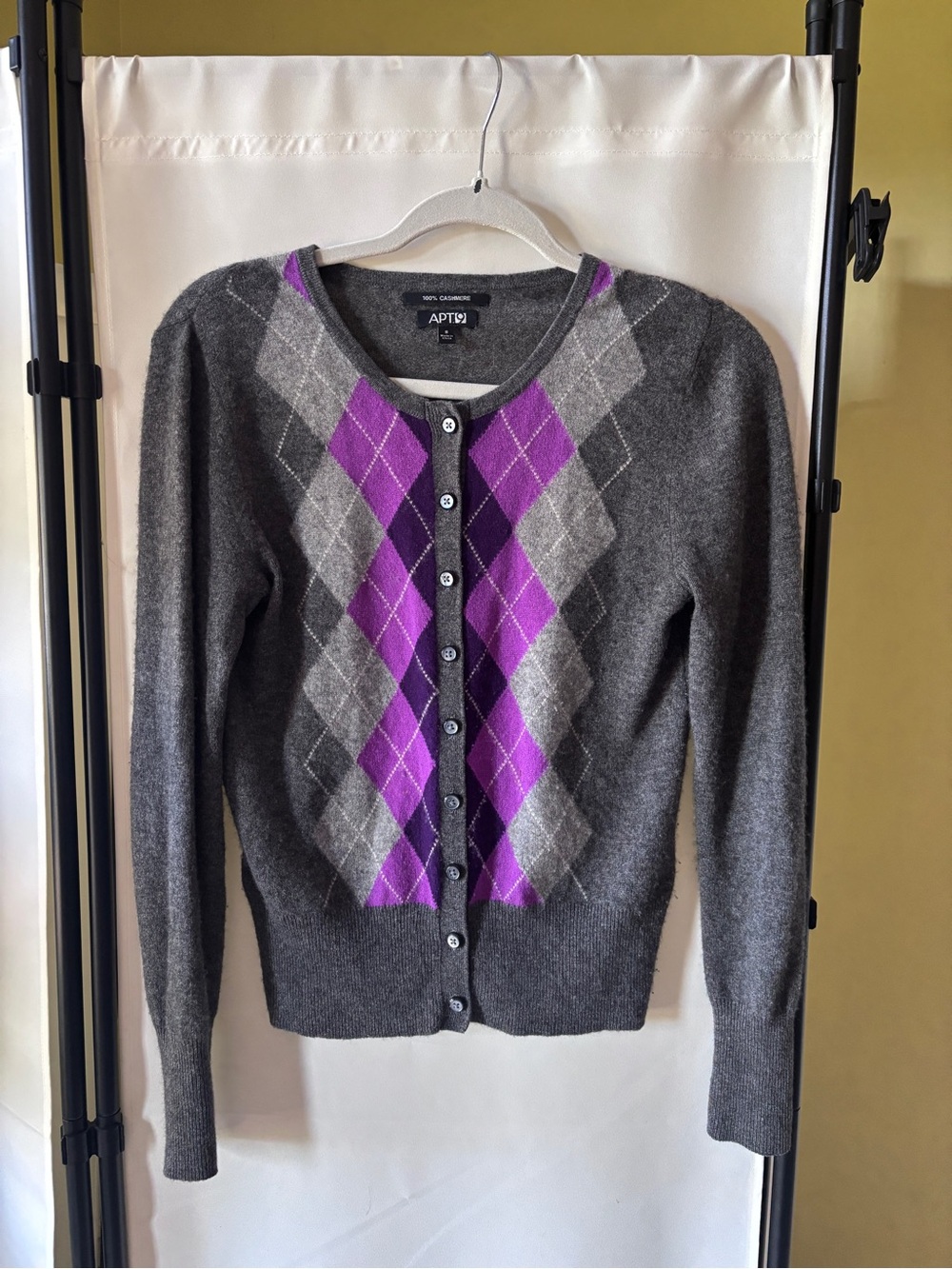 APT. 9 Gray & Purple Argyle 100% Cashmere Cardigan